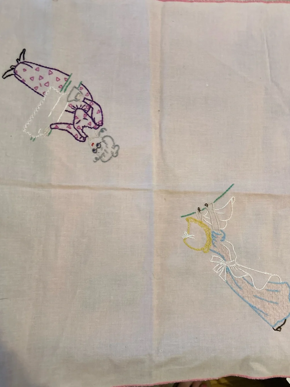 Vintage Embroidered Pink Lady Figural Tea Towel large size 16.5 x 17